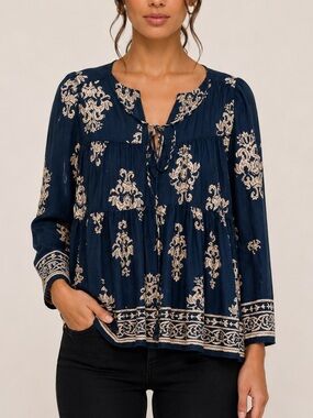 Altar'd State Navy and Cream Printed Peasant Blouse